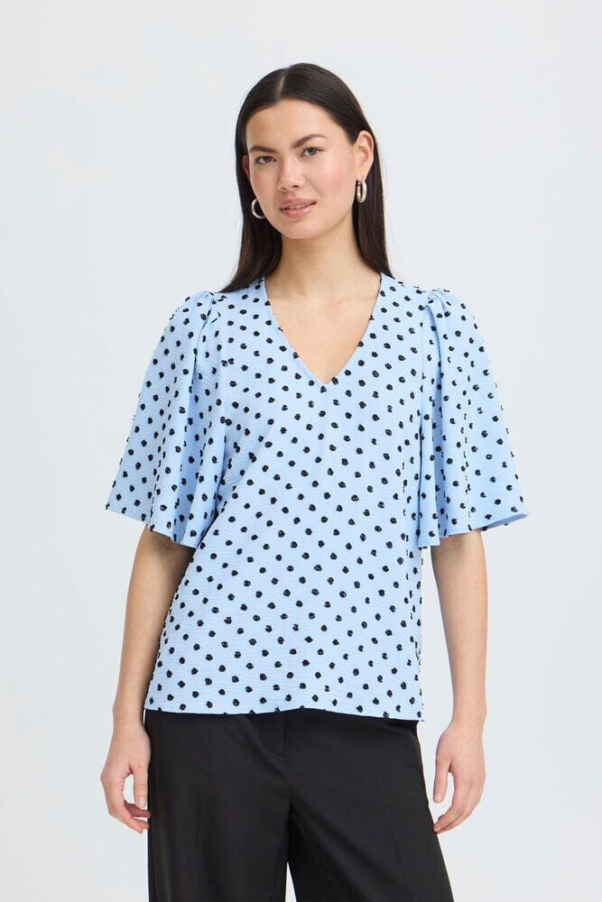 blue polka dot blouse women, soft blue blouse women, v neck blouse women blue, polka dot top women blue, flutter sleeve blouse women blue, lightweight summer blouse women