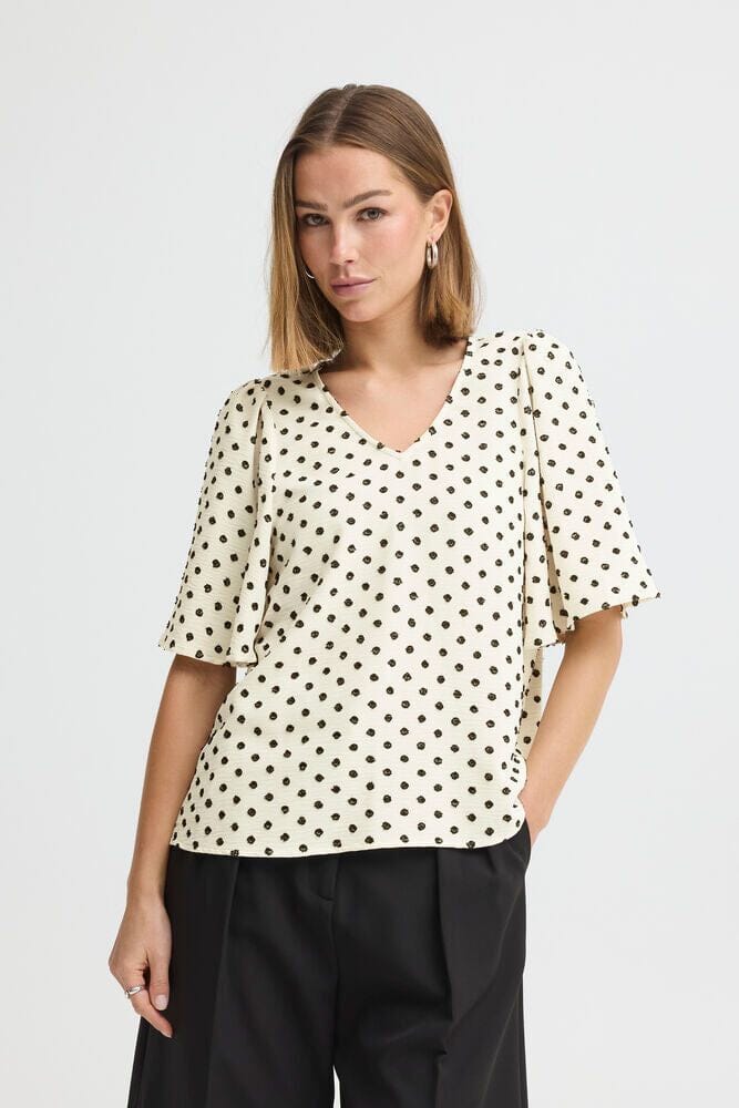 cream polka dot blouse women, v neck blouse women cream, polka dot top women, flutter sleeve blouse women, lightweight work blouse women, cream printed blouse women