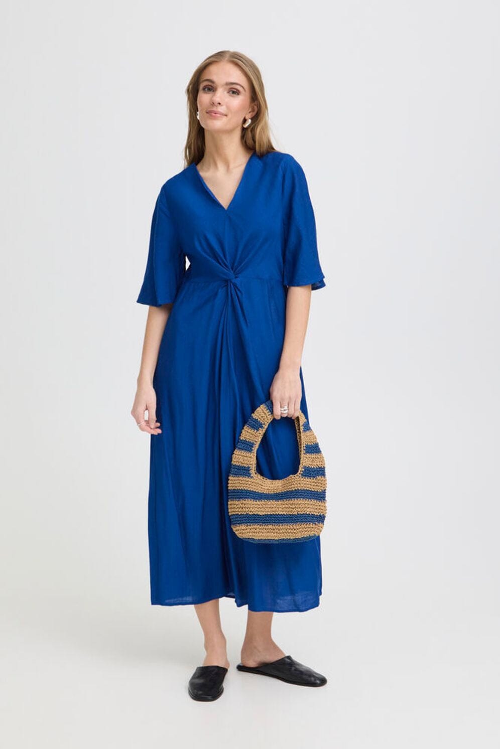 ICHI, blue midi dress women, twist front blue dress, royal blue midi dress women, V neck blue midi dress