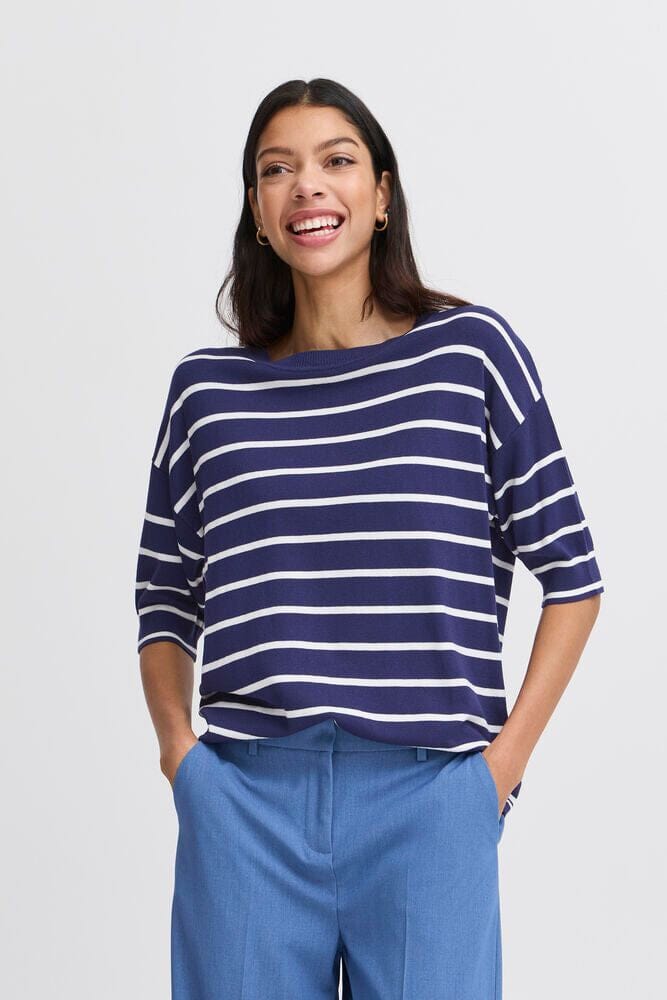 striped knit tee women, navy stripe top women, short sleeve knit shirt women, striped sweater tee women, navy and white stripe top