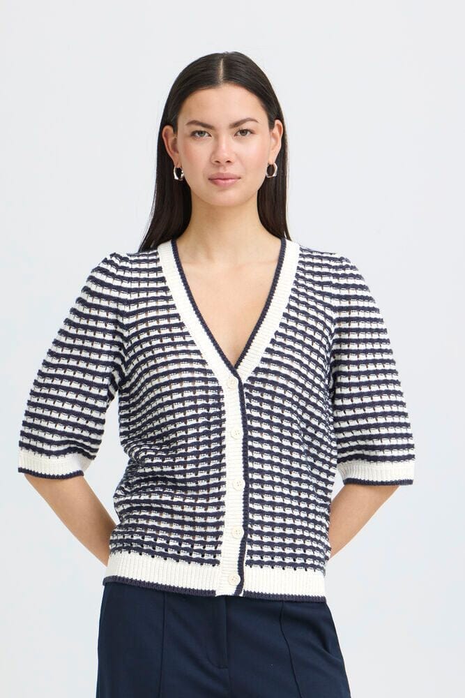 striped cardigan women, navy stripe cardigan women, v neck cardigan women, button front cardigan women, textured knit cardigan women, short sleeve cardigan women