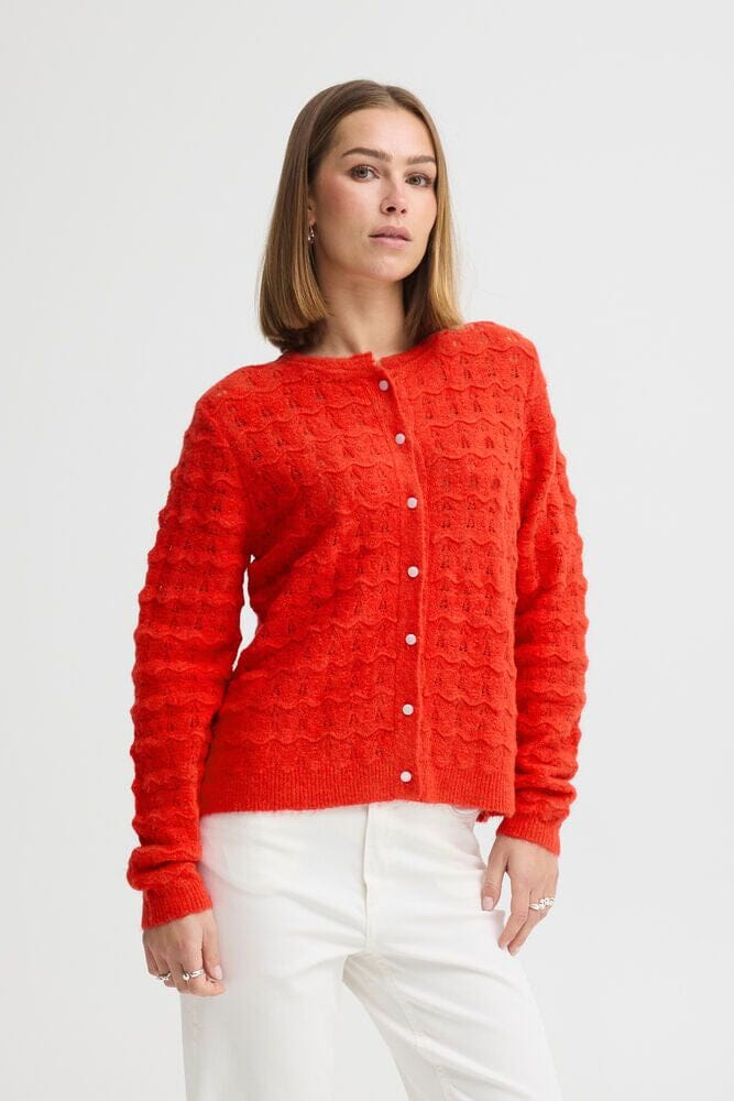 red knit cardigan women, textured cardigan women, statement cardigan women, red button front cardigan women, bright red sweater women, open knit cardigan women
