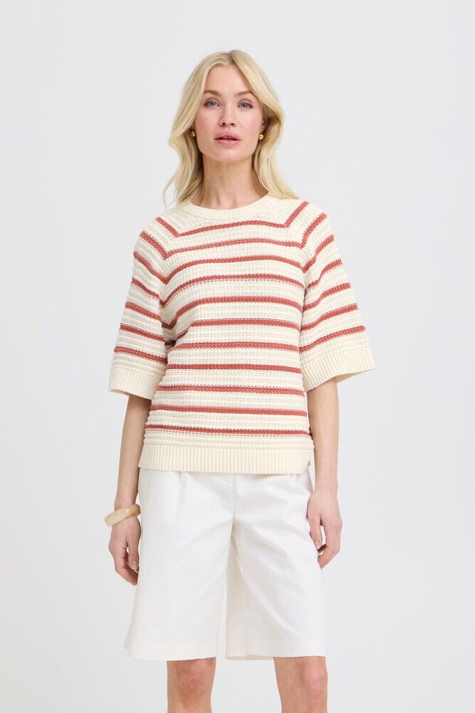 cotton stripe knit top women, marsala stripe sweater women, striped knit top women short sleeve, cotton sweater top women, warm tone knit top women, breathable cotton knit women