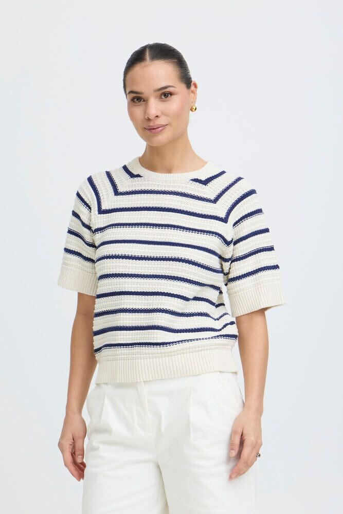 cotton stripe knit top women, navy stripe sweater women, striped knit top women short sleeve, cotton sweater top women, navy and white sweater women