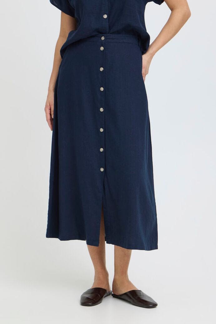 navy linen midi skirt, navy blue midi skirt women, linen blend skirt womens, navy button front skirt, flowy navy midi skirt