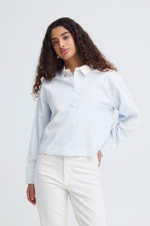 blue stripe button down shirt women, contrast collar button down shirt, blue striped collared shirt women, classic stripe button down blouse, women striped button up shirt