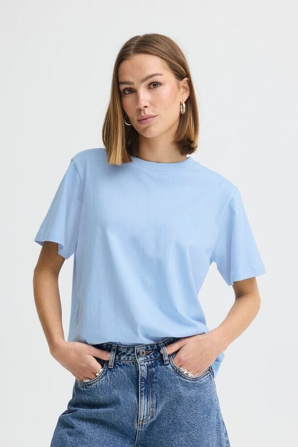 loose fit t shirt women, powder blue t shirt women, relaxed tee women blue, oversized t shirt women blue, everyday basic tee women