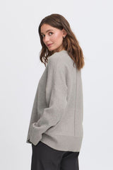 soft knit oversized grey sweater, ribbed hem crewneck sweater