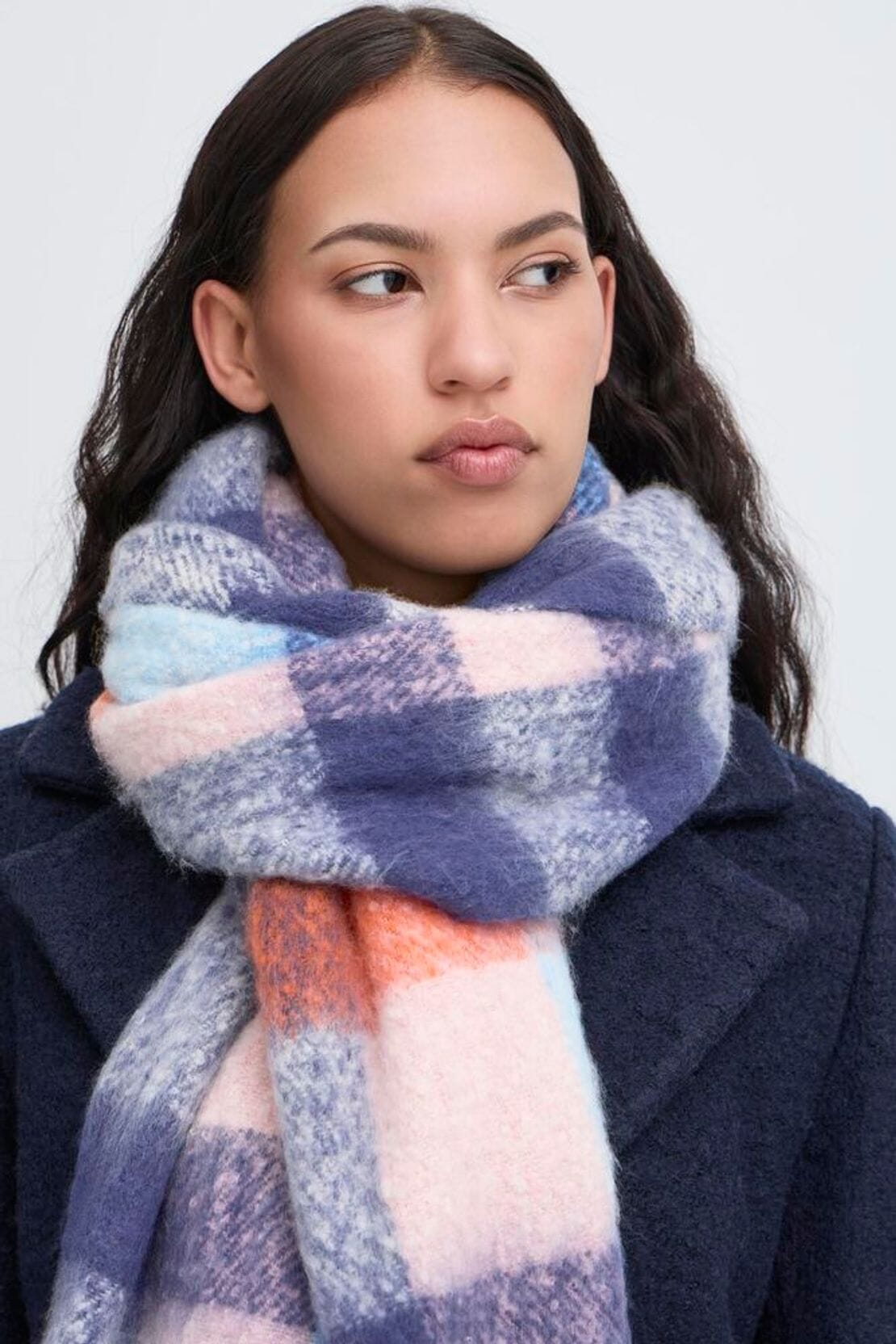 Cozy womens plaid scarf in blue pink and orange, ICHI 