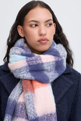 Cozy womens plaid scarf in blue pink and orange, ICHI 