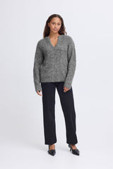 Timeless grey V-neck sweater styled with black pants, ICHI 