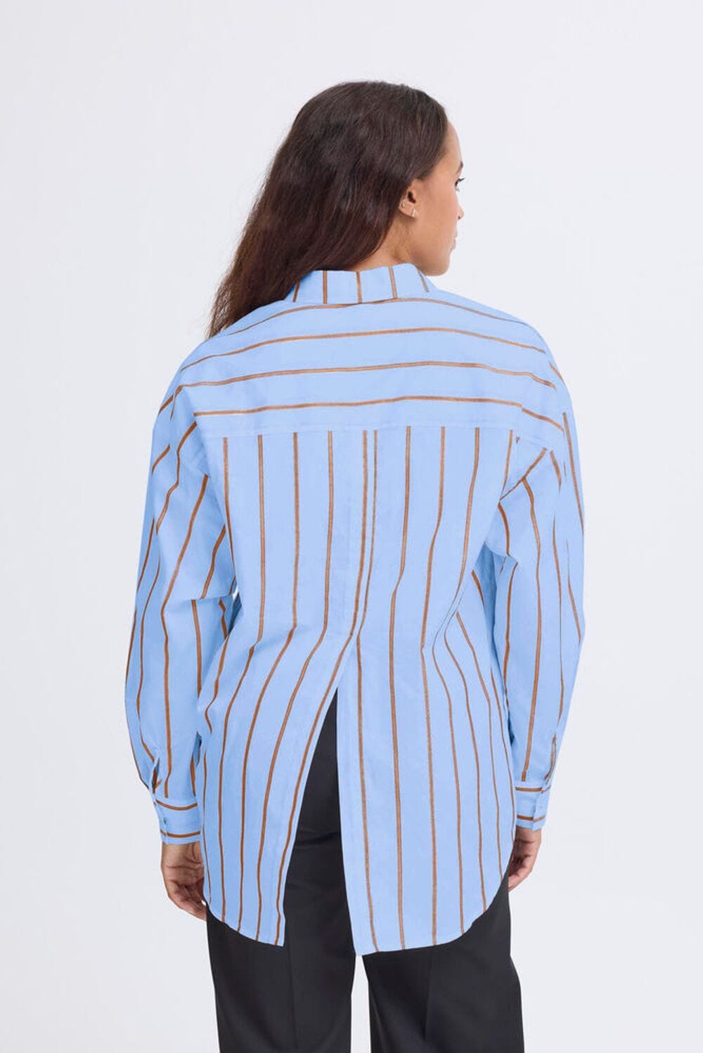 Relaxed fit blue stripe button down styled with black pants, ICHI 