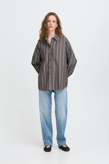 Women’s striped button down shirt in earthy brown tones, ICHI 
