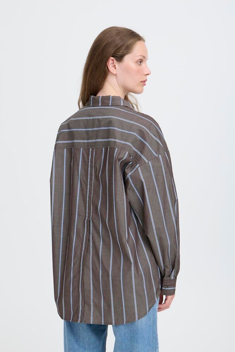 Oversized brown stripe button down shirt with blue accents, ICHI 