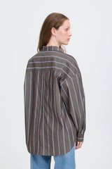 Oversized brown stripe button down shirt with blue accents, ICHI 