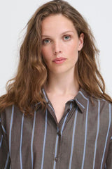 Brown and blue vertical stripe shirt with relaxed fit, ICHI 