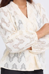 Cream lace-inspired blouse with long sleeves, ICHI 