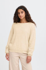 Neutral button back sweater with elegant crew neckline, ICHI 