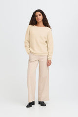 Lightweight beige sweater styled with tailored trousers, ICHI 