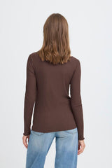 Brown ribbed knit top with modern square cut neckline, ICHI 