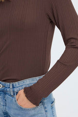 Chocolate brown square neck long sleeve ribbed top,  ICHI 