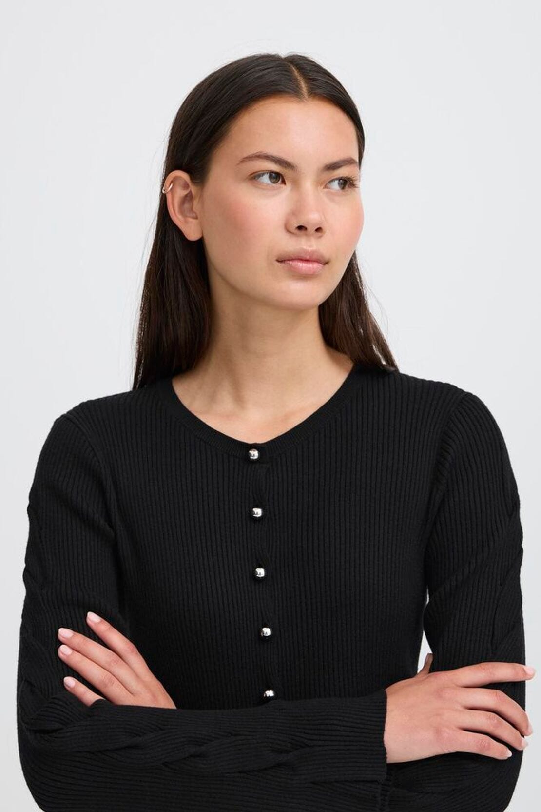 Timeless black cardigan with classic ribbed texture, ICHI