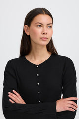 Timeless black cardigan with classic ribbed texture, ICHI