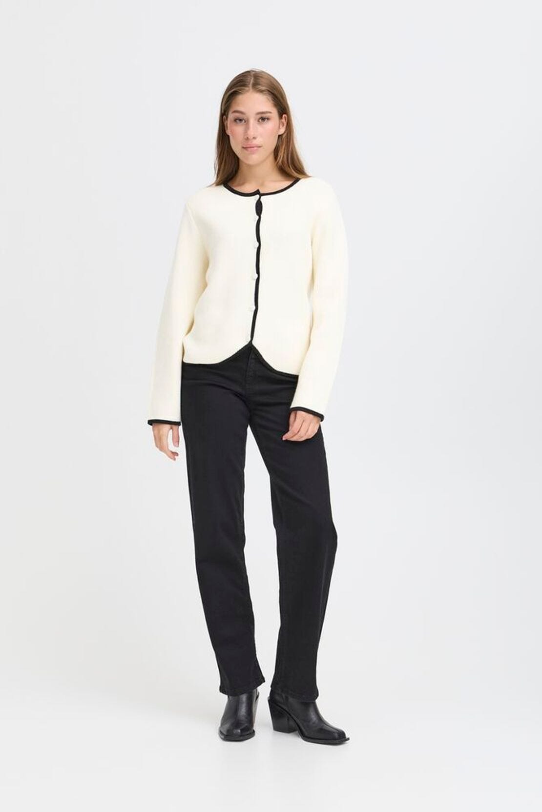 Women’s ivory cardigan with black edging