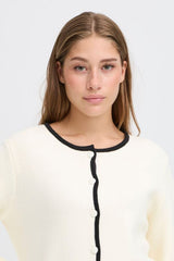 Elegant black trim cardigan with curved hem detail