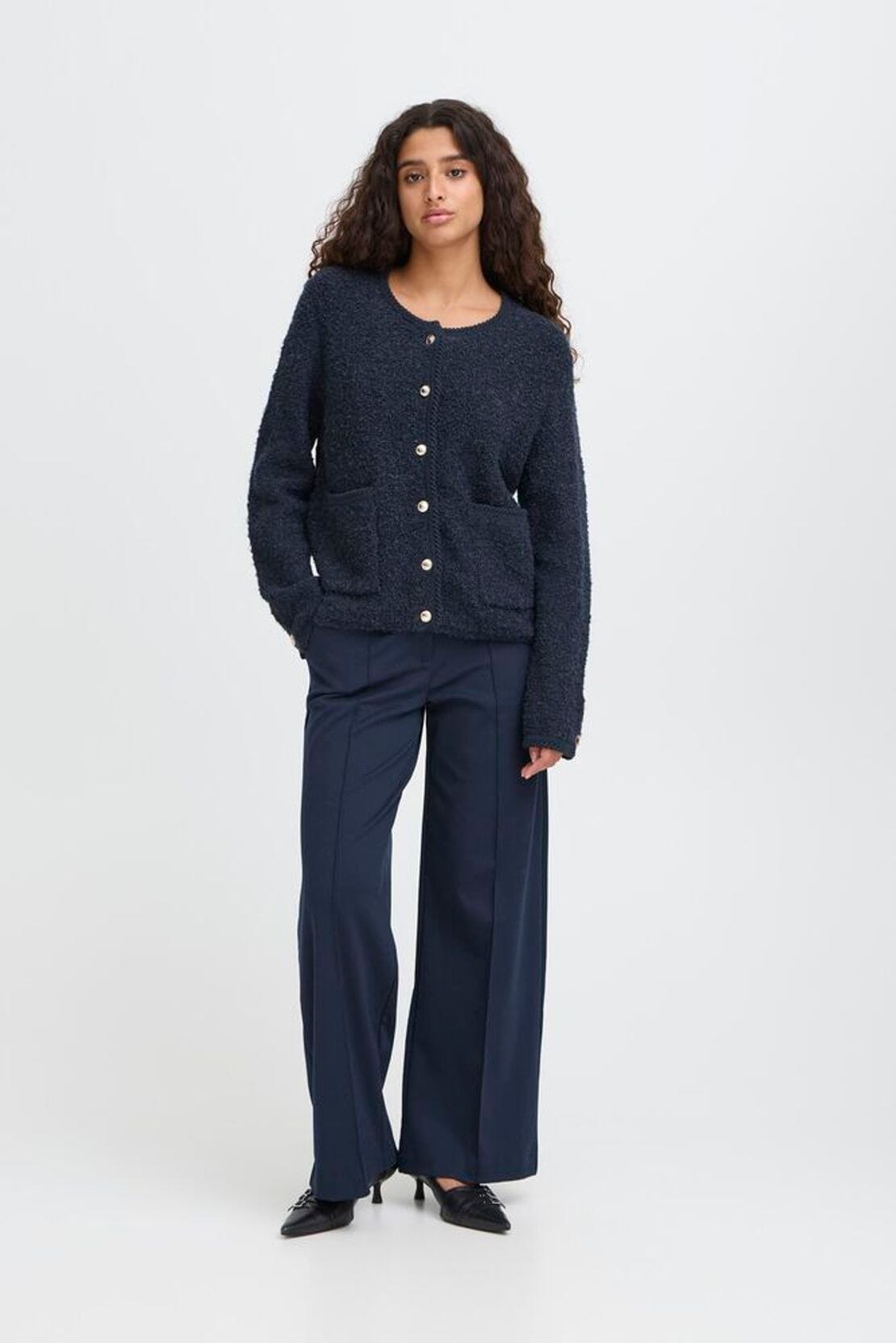 cozy navy knit cardigan – patch pockets style, ICHI 
