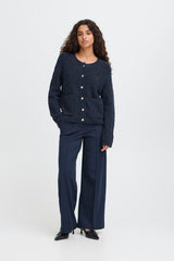 cozy navy knit cardigan – patch pockets style, ICHI 