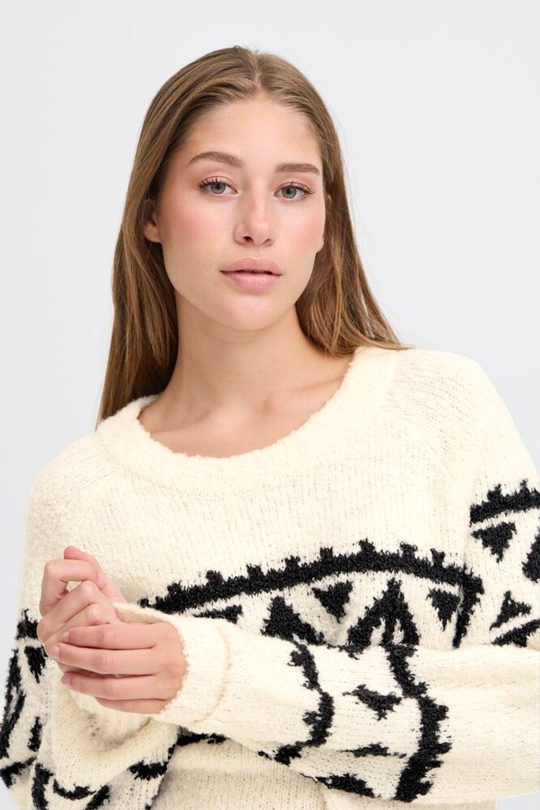 Cream sweater with black geometric knit pattern, ICHI 