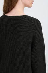 Black knit deep v neck sweater for layering looks, ICHI 