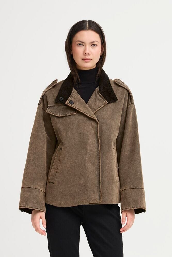 washed brown utility jacket with corduroy collar, ICHI 