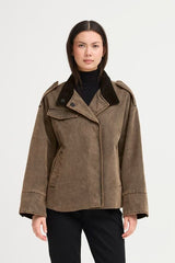 washed brown utility jacket with corduroy collar, ICHI 