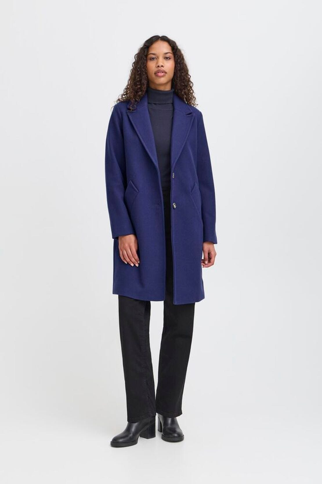 women’s cobalt tailored coat front view, ICHI 