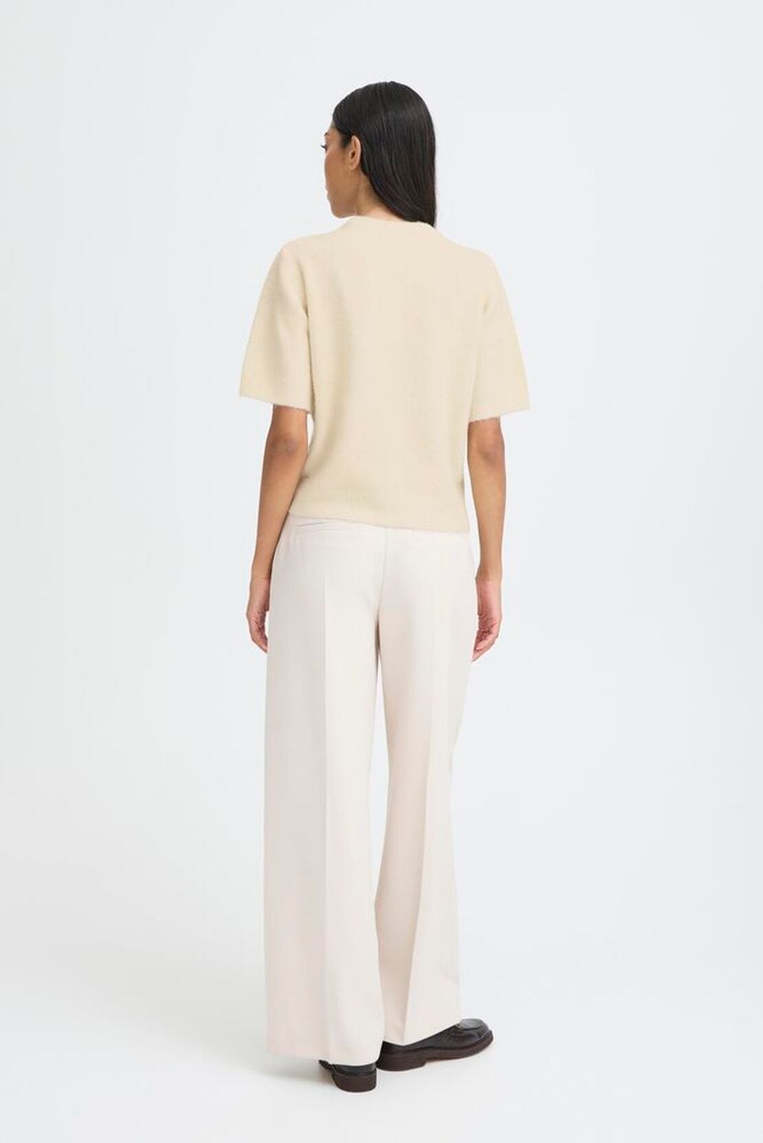 short sleeve fuzzy sweater, soft neutral pullover