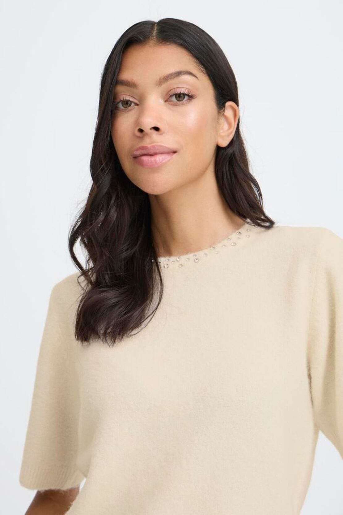 cream embellished sweater, rhinestone collar knit top