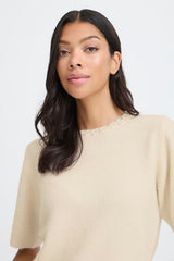 cream embellished sweater, rhinestone collar knit top