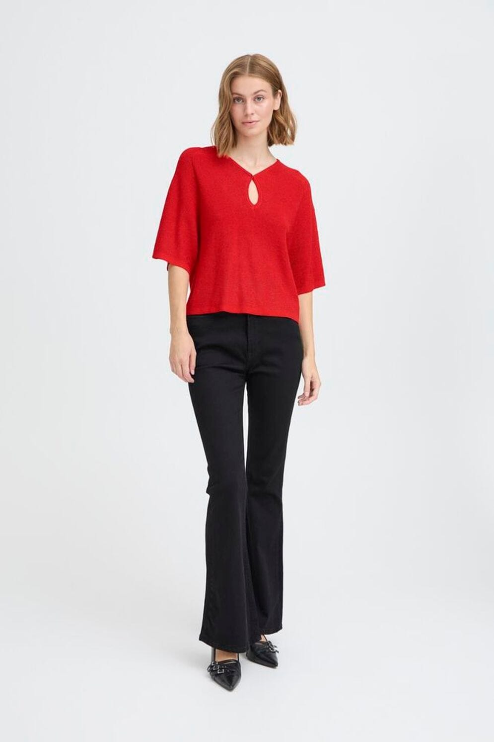 bright red casual top, short sleeve knit blouse