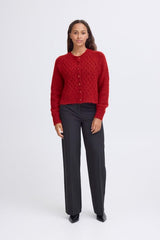 classic red cardigan women, statement red knit top