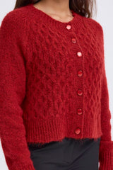 red textured cardigan, womens red knit sweater