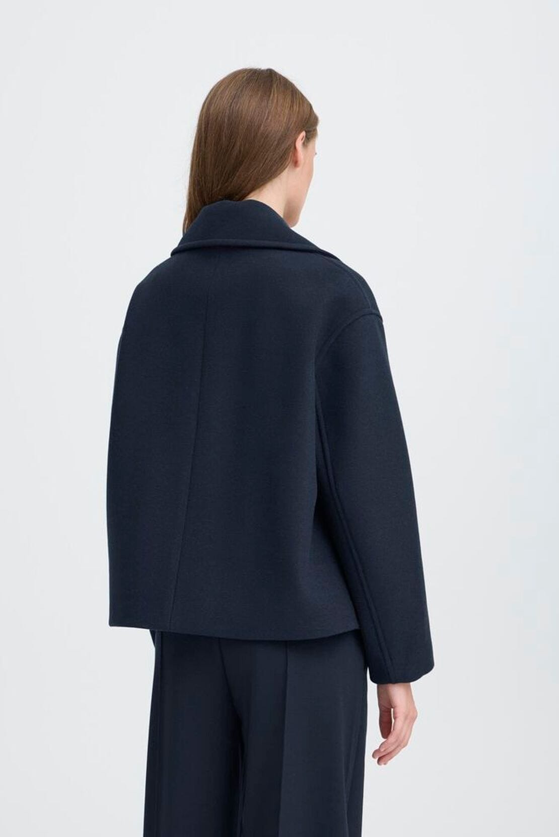 tailored navy short coat, modern peacoat women