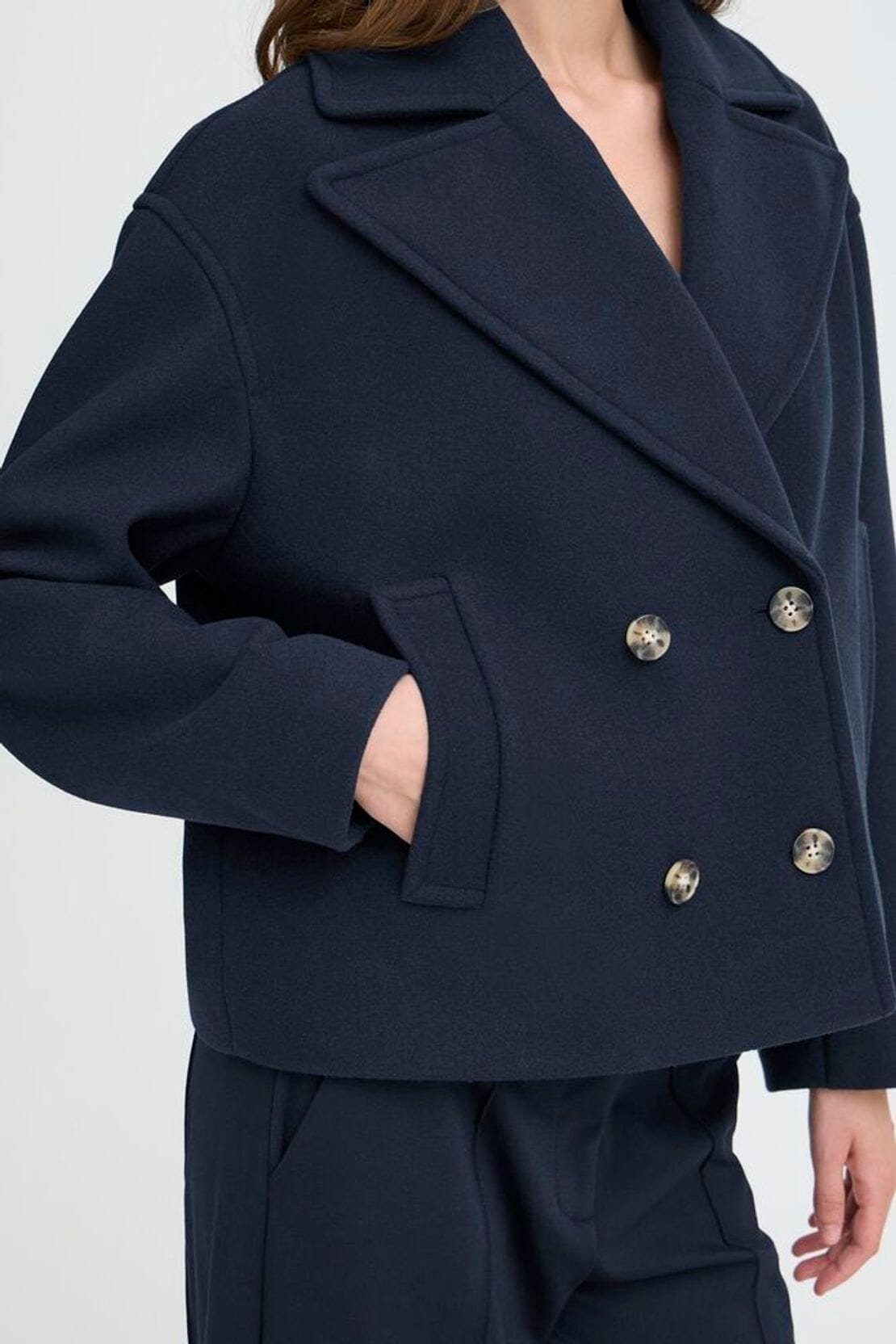 chic navy coat outfit, cropped navy wool jacket