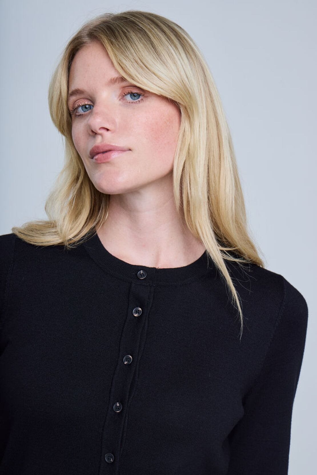 button front black cardigan, classic black layering sweater