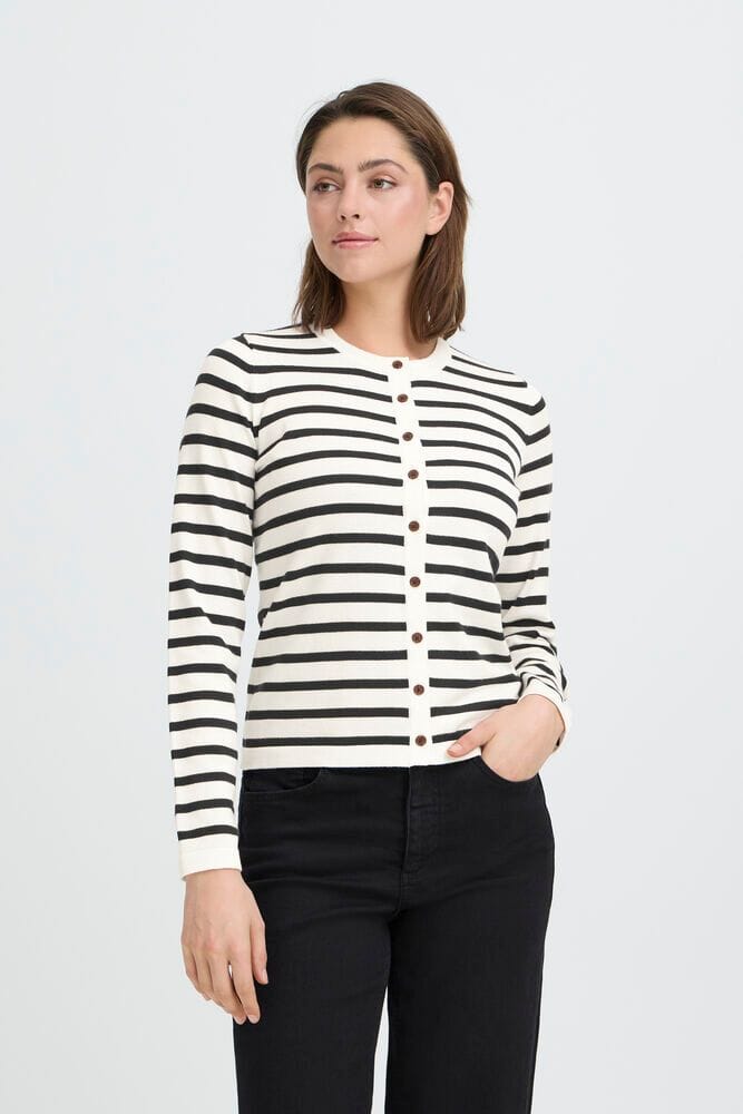 FITTED BLACK AND WHITE STRIPE CARDIGAN, ICHI, striped fitted cardigan