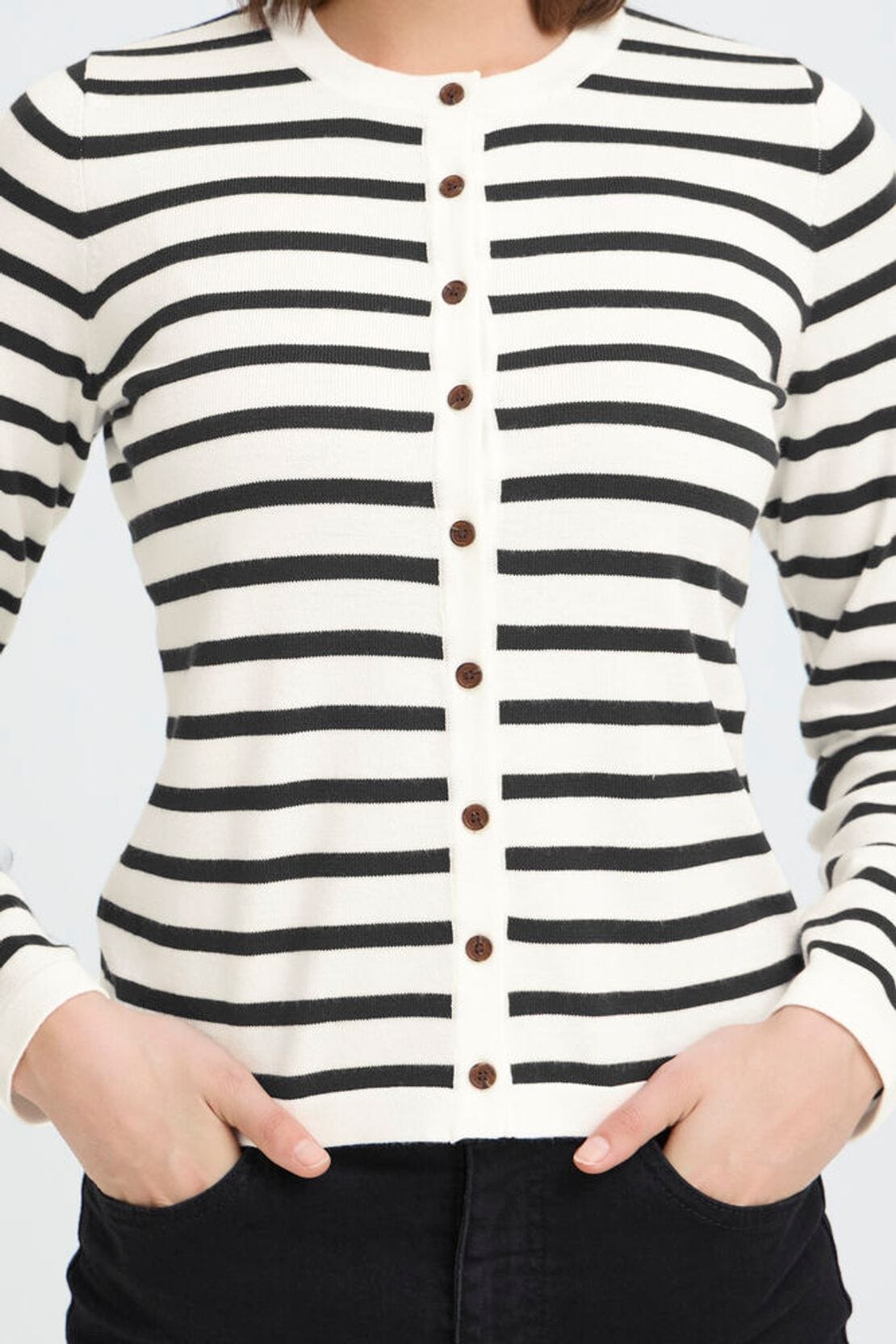 chic stripe knitwear women, black and white cardigan top, modern striped layering piece