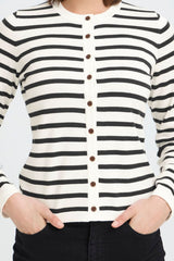 chic stripe knitwear women, black and white cardigan top, modern striped layering piece
