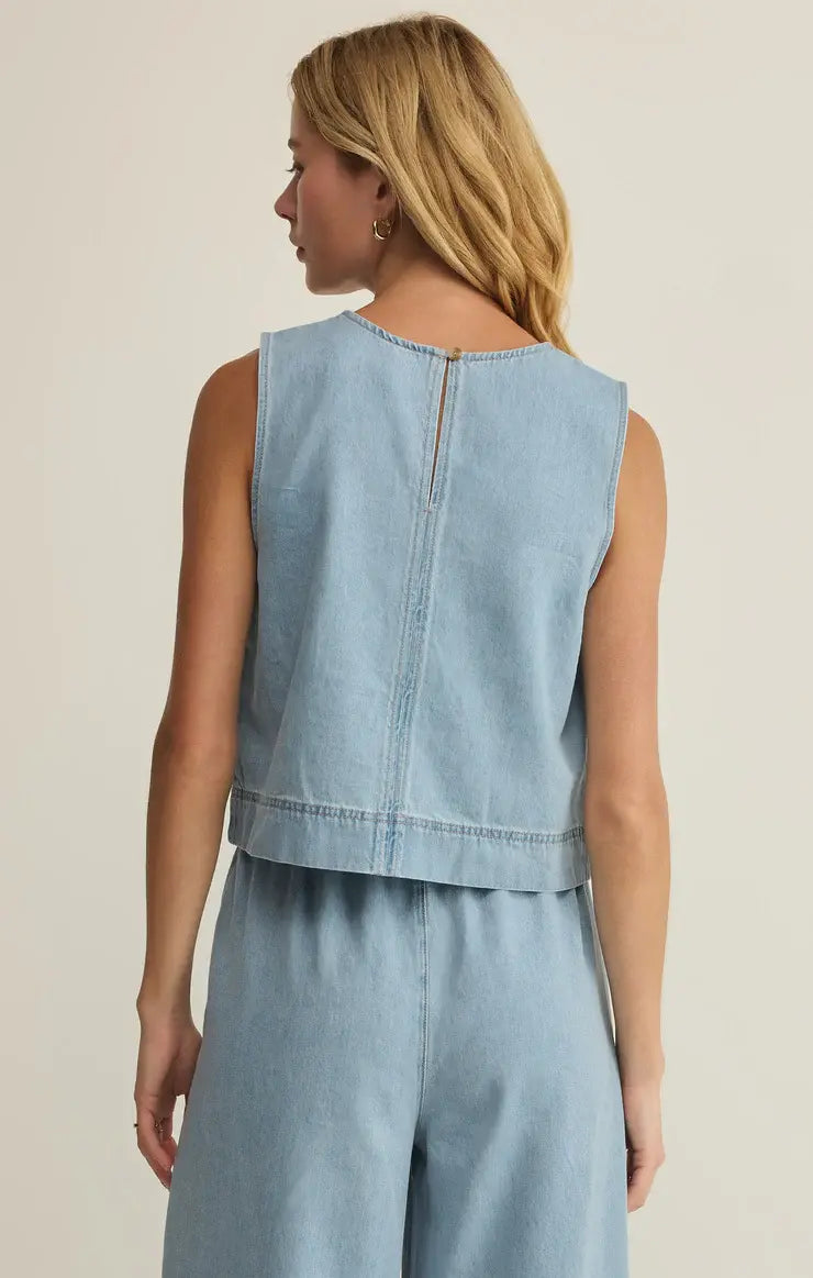 trendy denim clothing women, women's resort wear, light blue denim top, summer wardrobe essentials