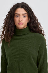 cozy forest green knit, ribbed detail winter sweater